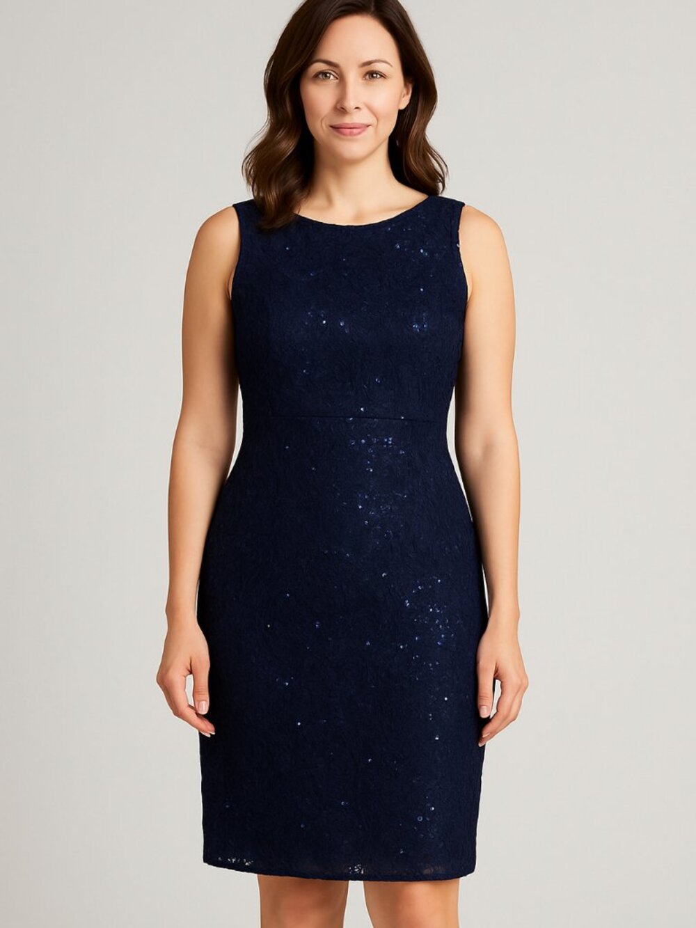 Scarlett navy blue sequin dress with a zipper back and rhinestone buckle